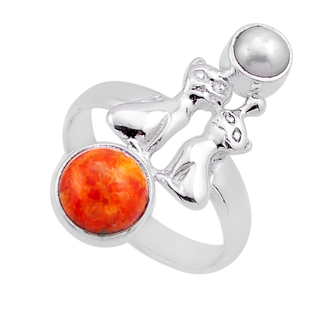 Solitaire orange mojave turquoise pearl 925 silver two cats ring size 6.5 n53887