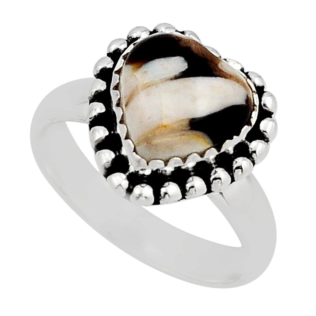 5.28cts solitaire peanut petrified wood fossil heart silver ring size 7.5 n3587