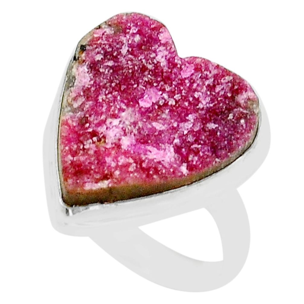 15.47cts solitaire pink cobalt calcite druzy heart 925 silver ring size 9 u89176
