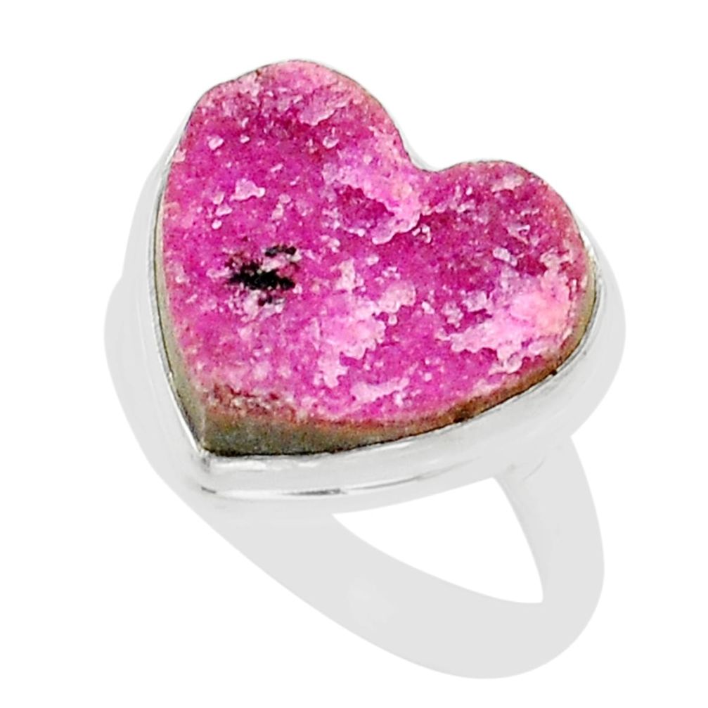 13.40cts solitaire pink cobalt calcite druzy heart silver ring size 9.5 u89157