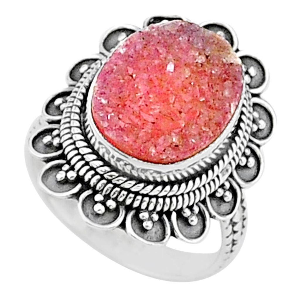 5.31cts solitaire pink druzy oval 925 sterling silver ring jewelry size 7 t15511