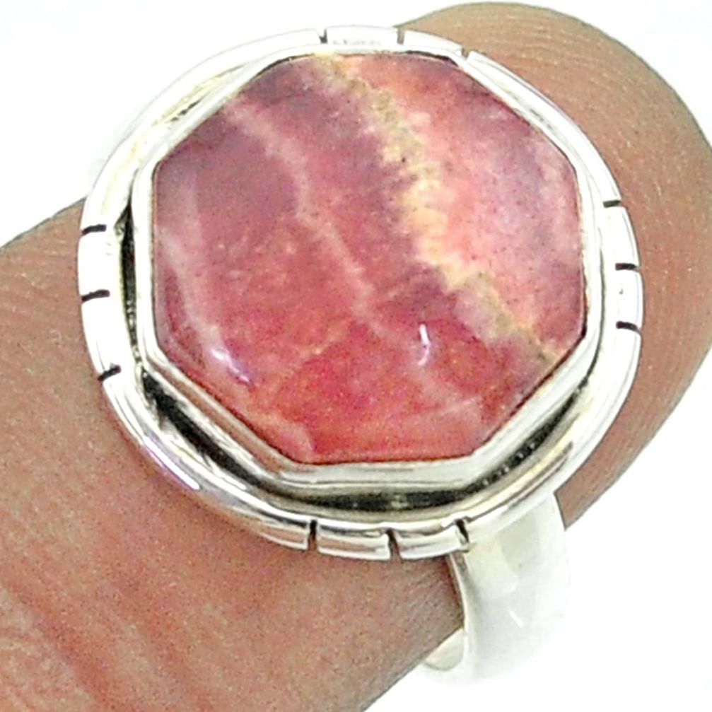 Solitaire pink rhodochrosite inca rose 925 silver hexagon ring size 7 t55968