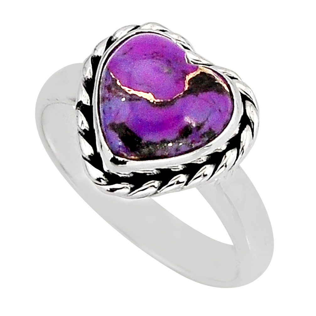 5.12cts solitaire purple copper turquoise heart 925 silver ring size 8 y75472