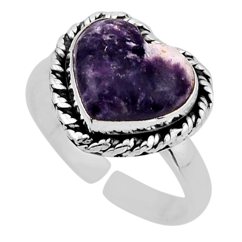6.03cts solitaire purple lepidolite heart silver adjustable ring size 8 y94631