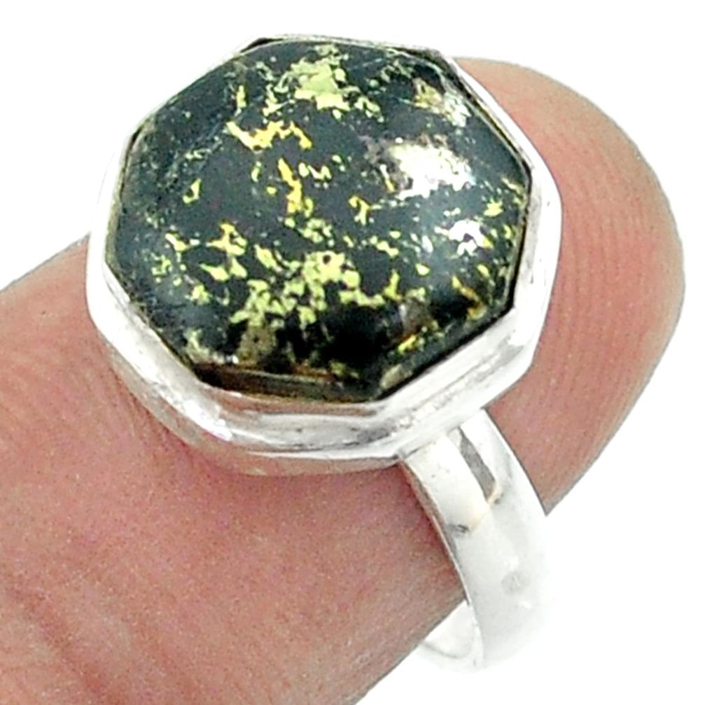 5.62cts solitaire pyrite in magnetite 925 silver hexagon ring size 7 t55943