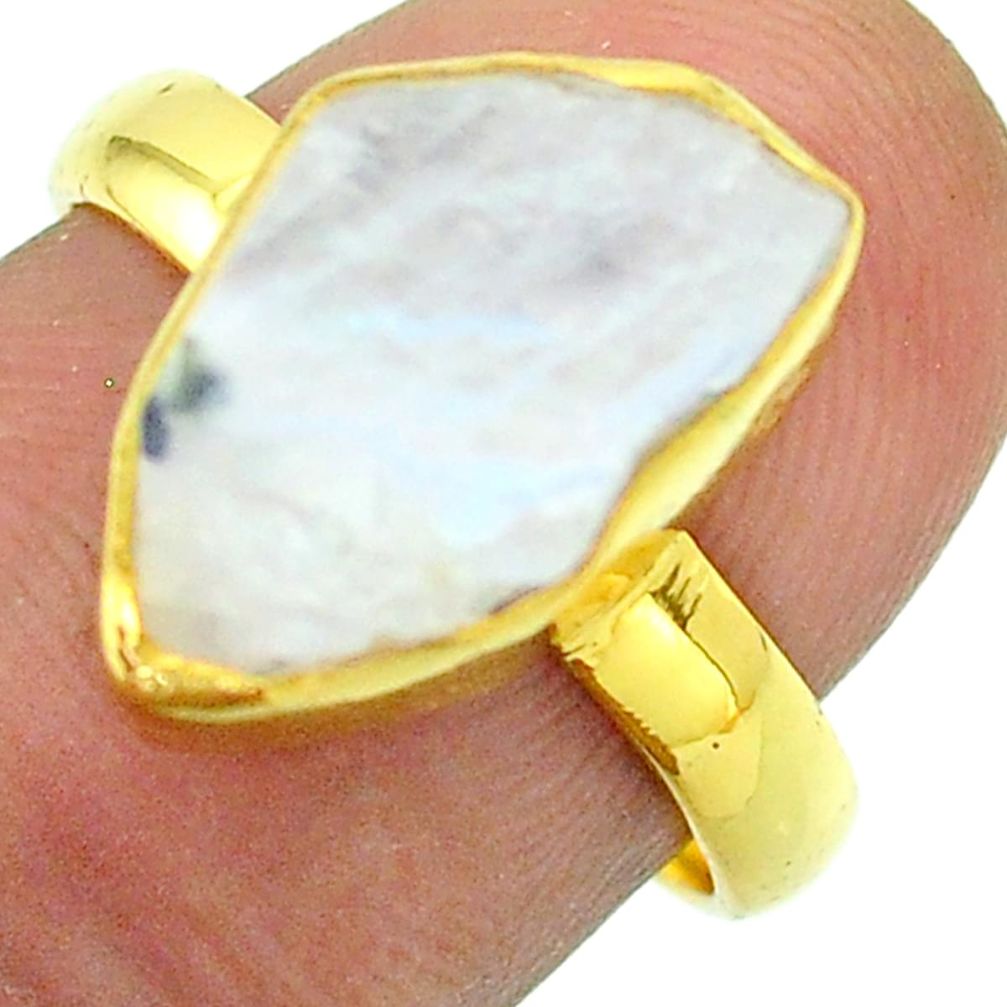 Solitaire rainbow moonstone slice raw 925 silver 14k gold ring size 7 t52209