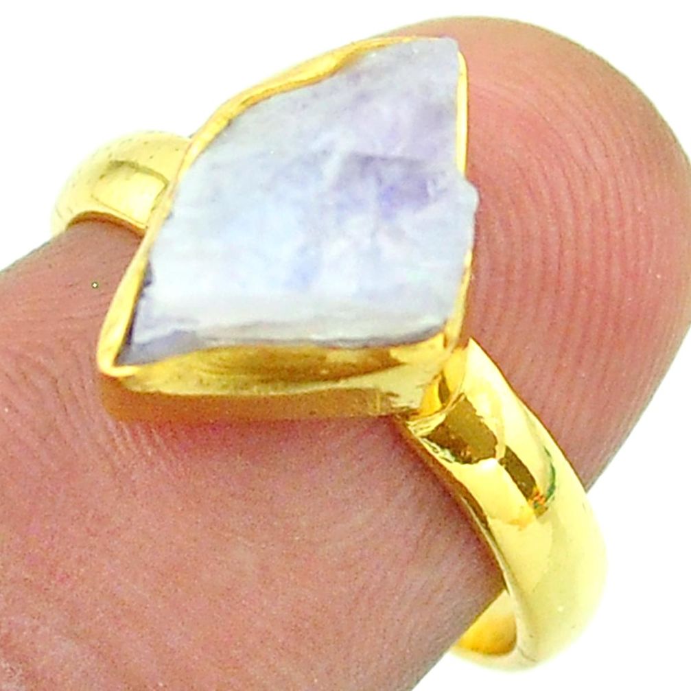 Solitaire rainbow moonstone slice raw 925 silver 14k gold ring size 7 t52222