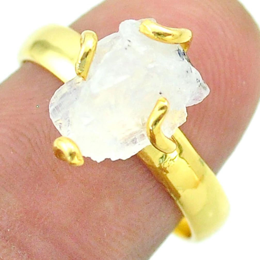 Solitaire rainbow moonstone slice raw 925 silver 14k gold ring size 8 t52192