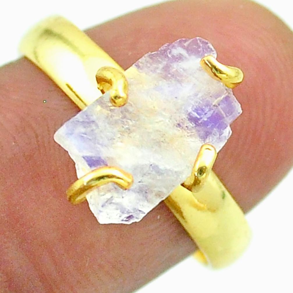 Solitaire rainbow moonstone slice raw 925 silver 14k gold ring size 8 t52198