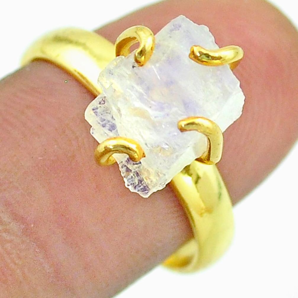 Solitaire rainbow moonstone slice raw 925 silver 14k gold ring size 8 t52200
