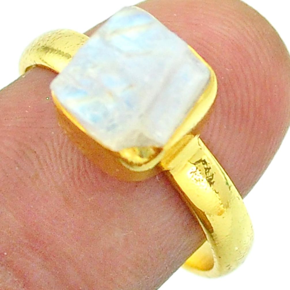 Solitaire rainbow moonstone slice raw 925 silver 14k gold ring size 8 t52206