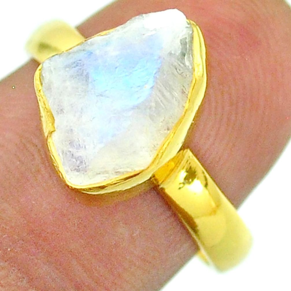 Solitaire rainbow moonstone slice raw 925 silver 14k gold ring size 8 t52212