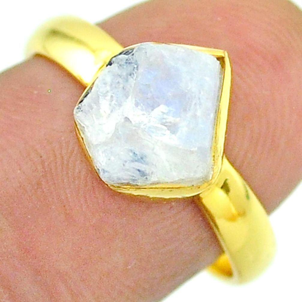 Solitaire rainbow moonstone slice raw 925 silver 14k gold ring size 8 t52215