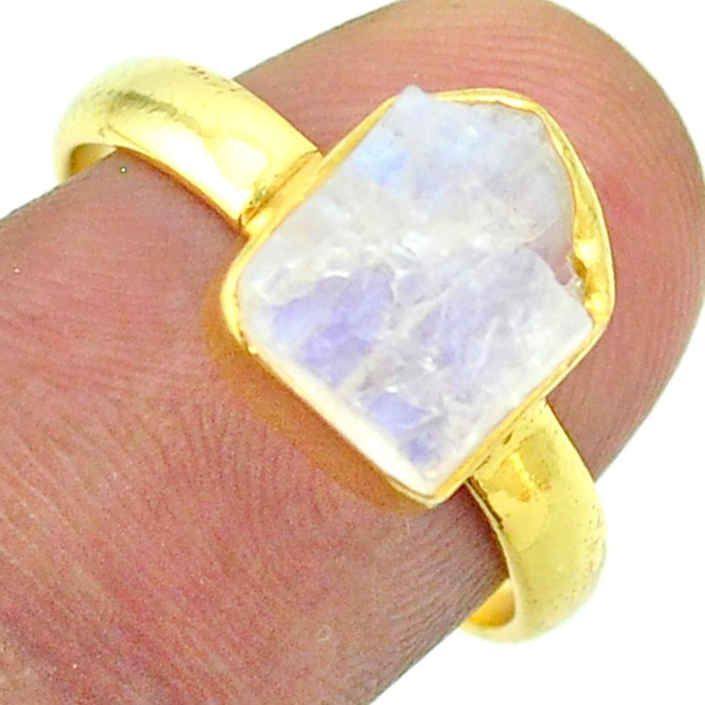 Solitaire rainbow moonstone slice raw 925 silver 14k gold ring size 8 t52225