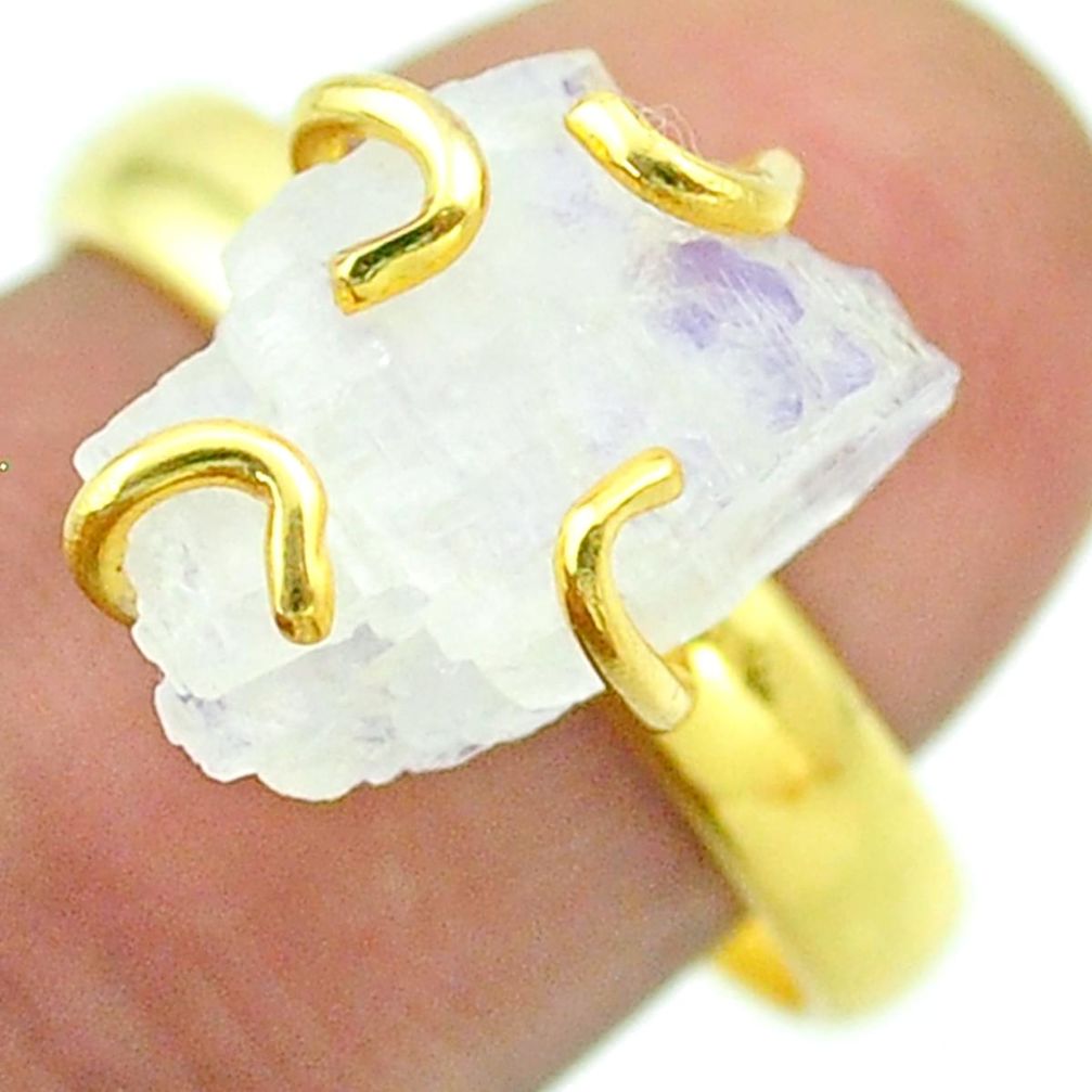 Solitaire rainbow moonstone slice raw 925 silver 14k gold ring size 9 t52189