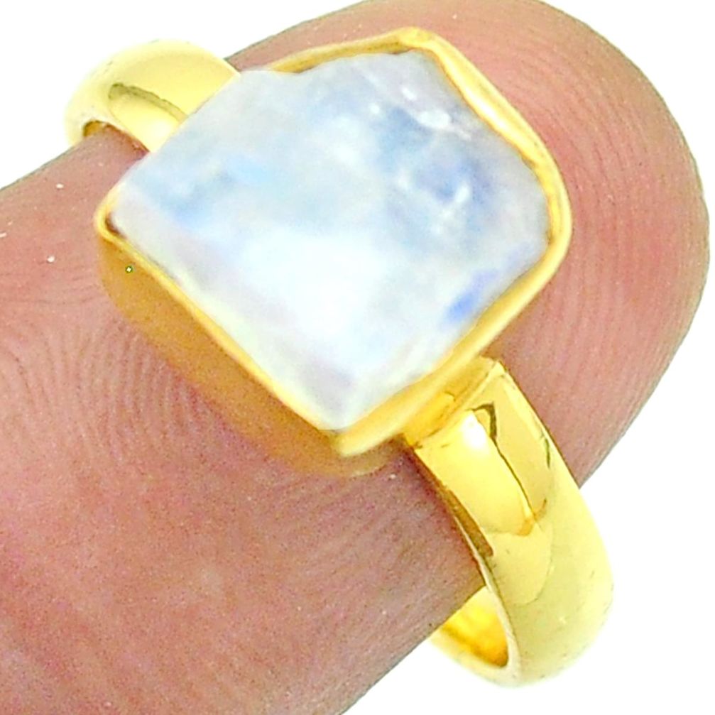 Solitaire rainbow moonstone slice raw 925 silver 14k gold ring size 7.5 t52219