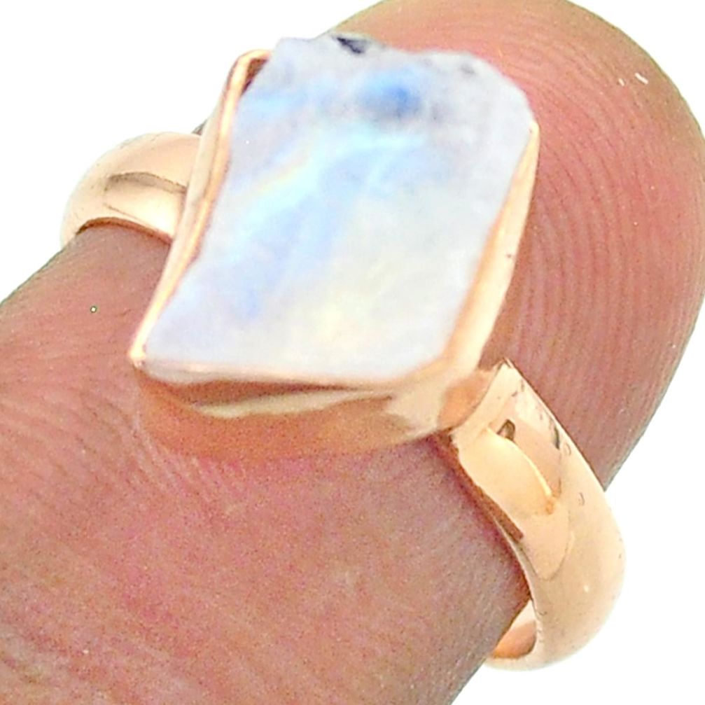 Solitaire rainbow moonstone slice raw 925 silver rose gold ring size 7 t52230
