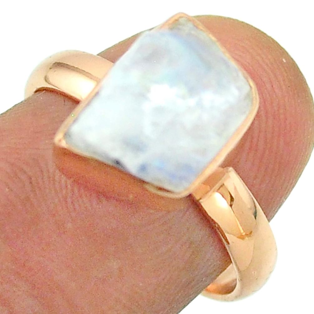 Solitaire rainbow moonstone slice raw 925 silver rose gold ring size 7 t52231