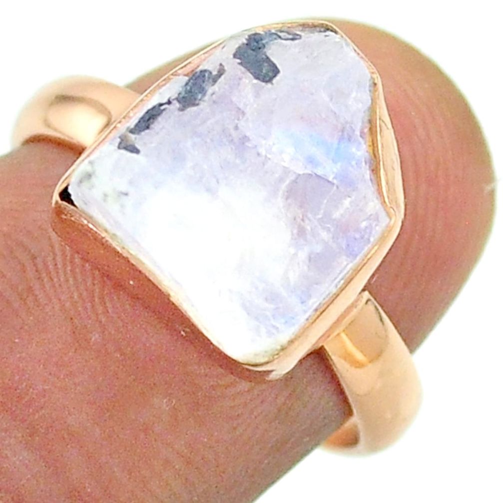 Solitaire rainbow moonstone slice raw 925 silver rose gold ring size 7 t52236