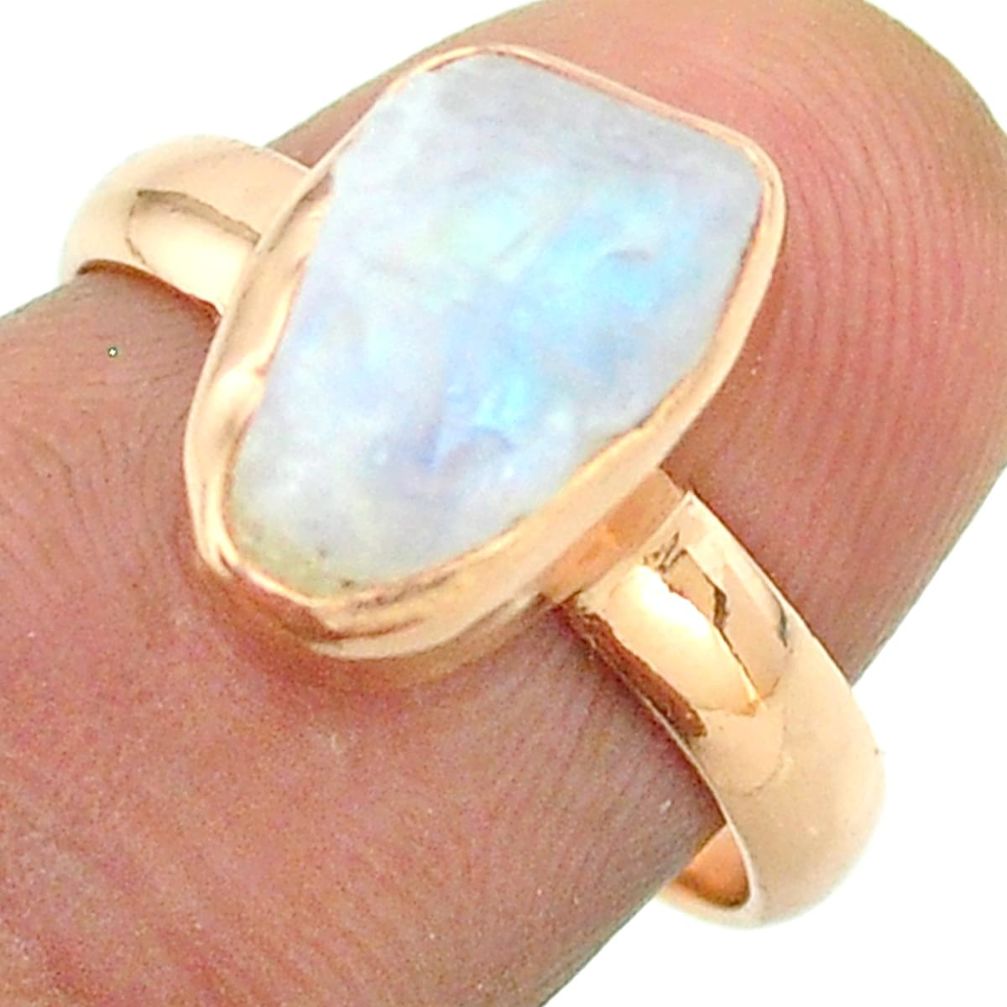 Solitaire rainbow moonstone slice raw 925 silver rose gold ring size 7 t52237