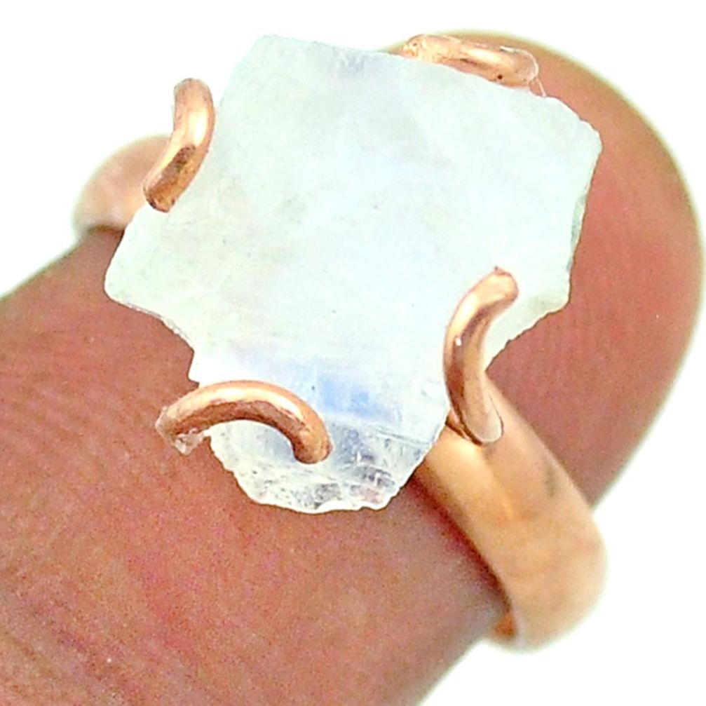 Solitaire rainbow moonstone slice raw 925 silver rose gold ring size 7 t52246