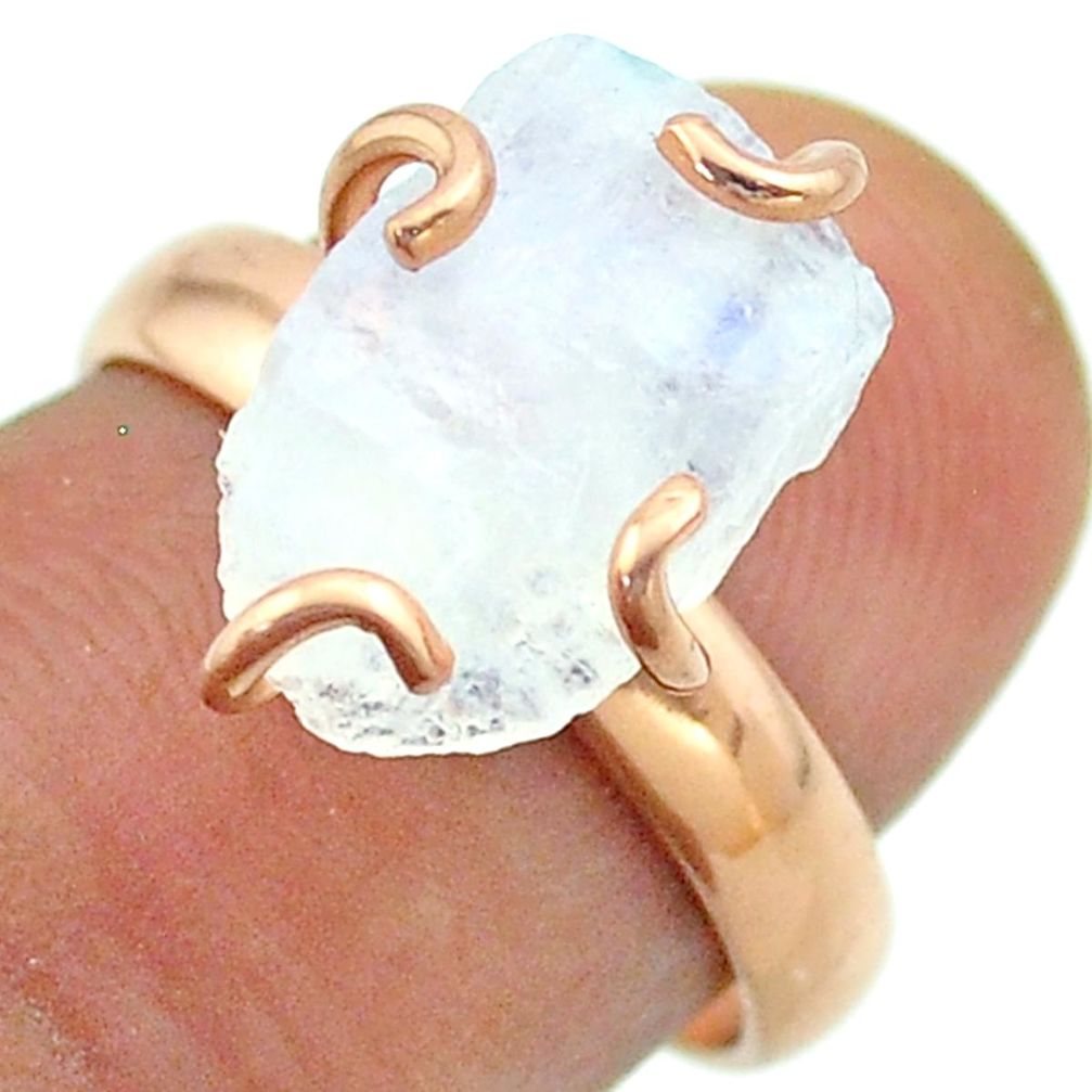 Solitaire rainbow moonstone slice raw 925 silver rose gold ring size 7 t52249