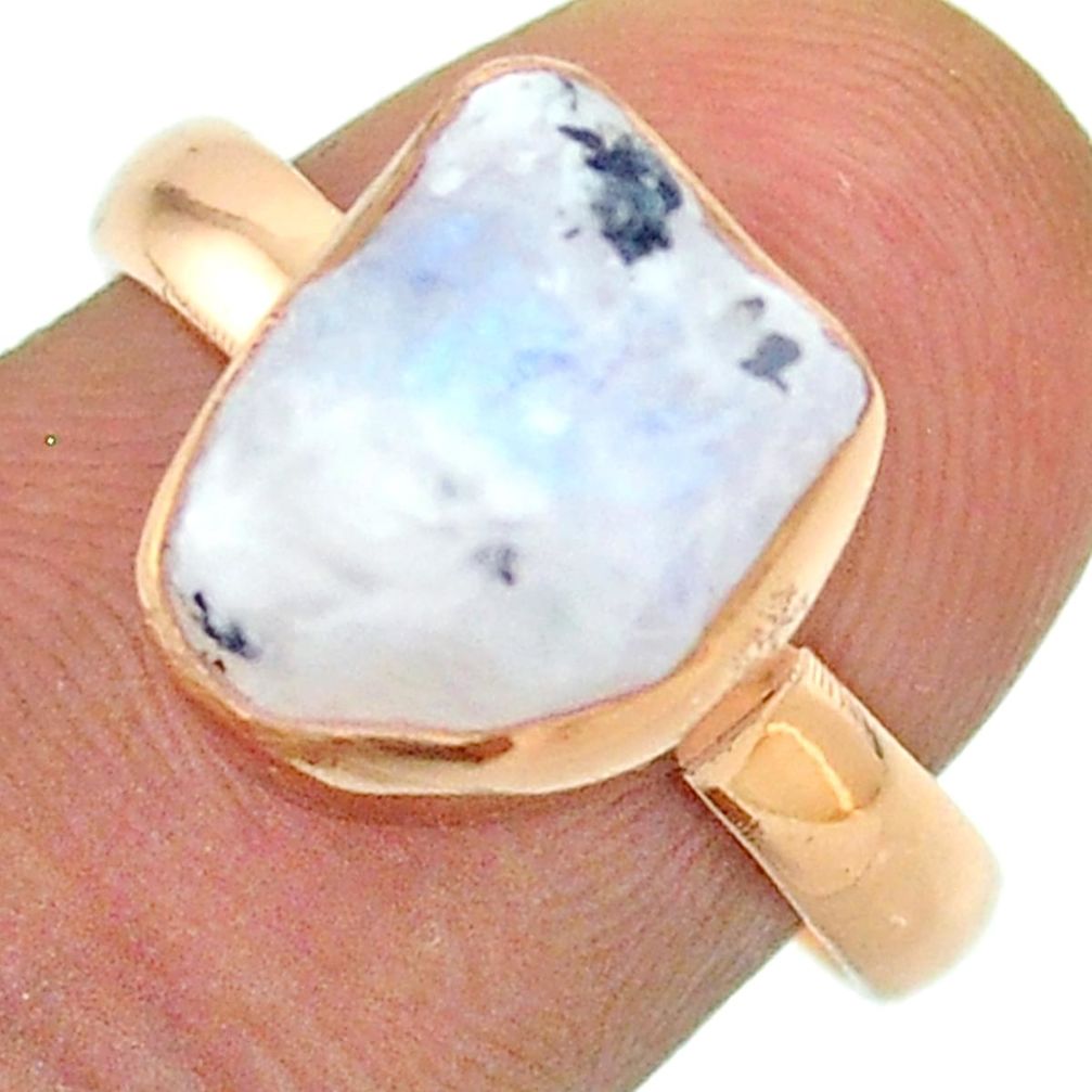 Solitaire rainbow moonstone slice raw 925 silver rose gold ring size 8 t52226