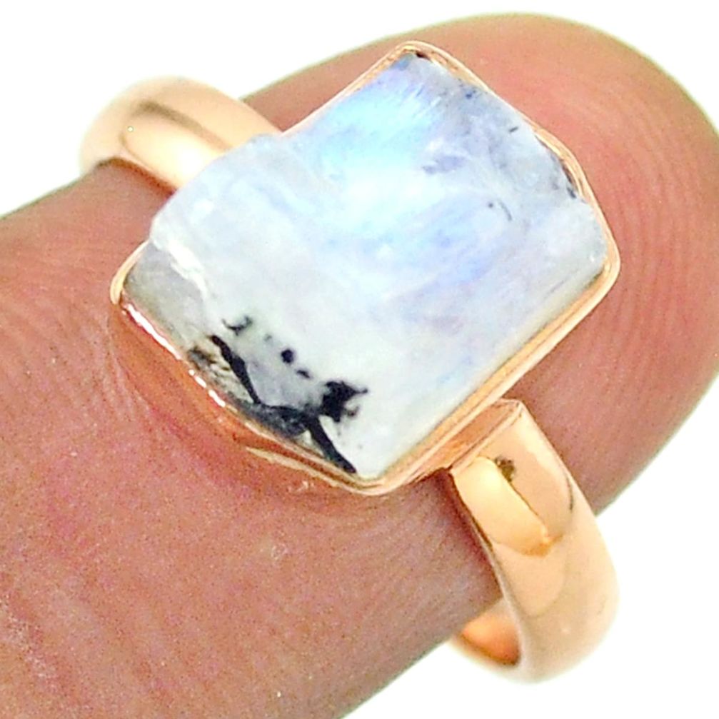 Solitaire rainbow moonstone slice raw 925 silver rose gold ring size 8 t52240