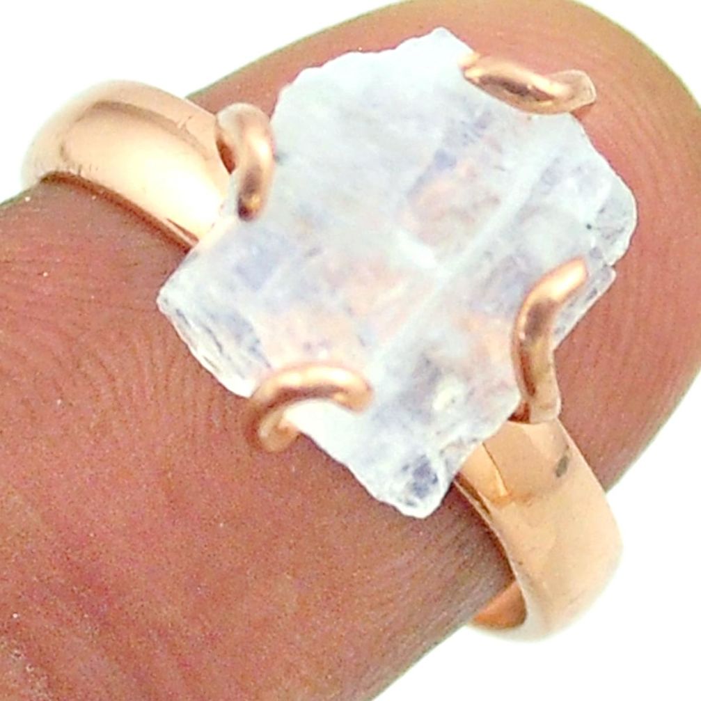 Solitaire rainbow moonstone slice raw 925 silver rose gold ring size 8 t52241