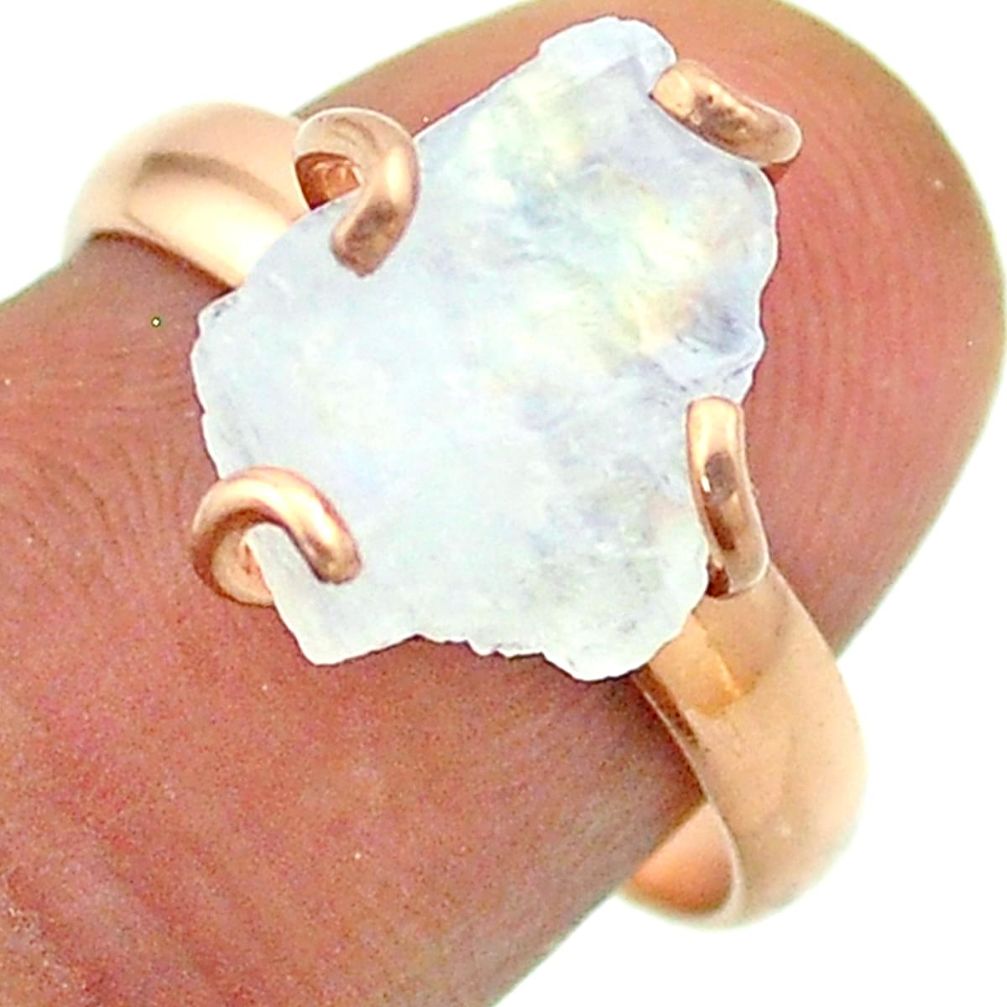 Solitaire rainbow moonstone slice raw 925 silver rose gold ring size 8 t52252