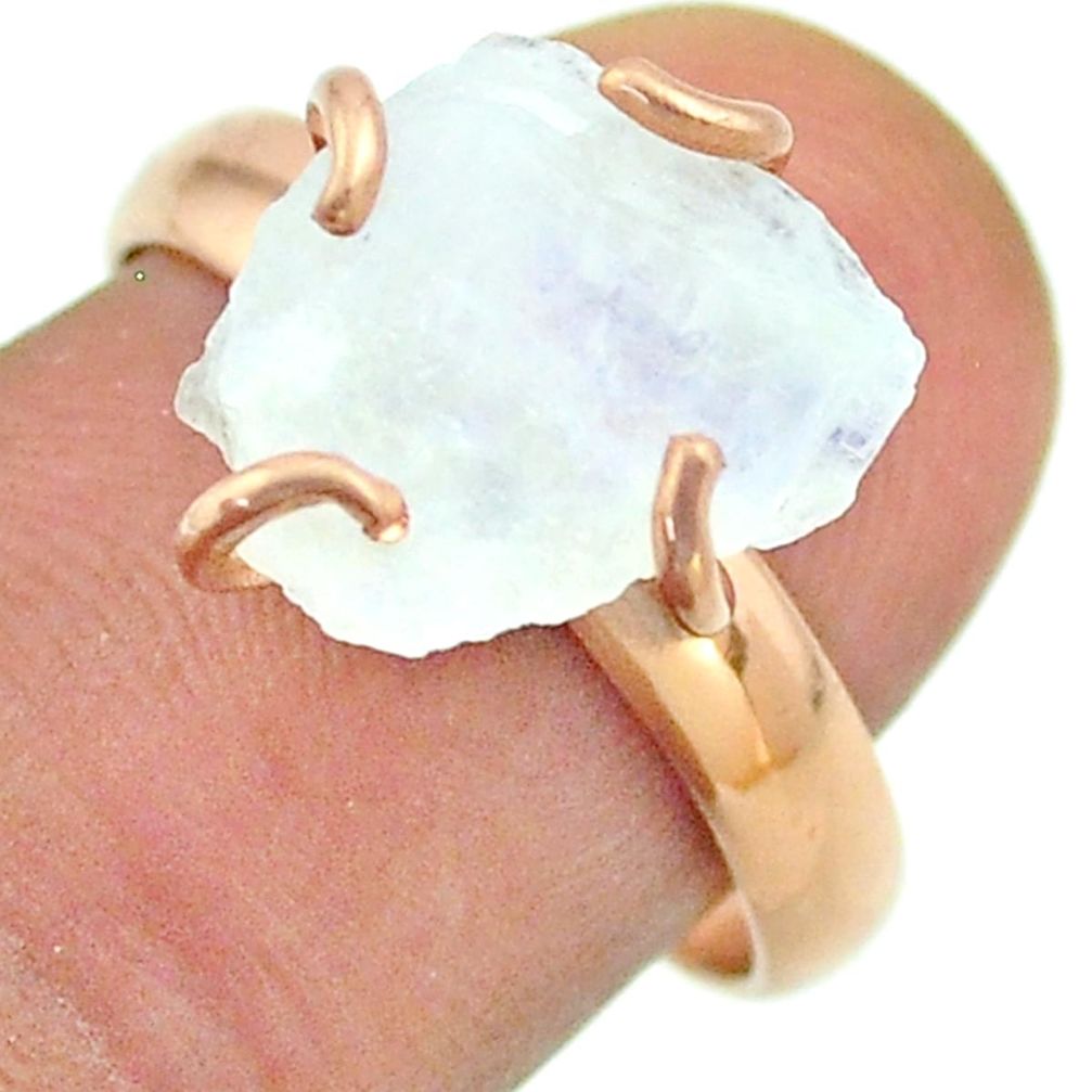 Solitaire rainbow moonstone slice raw 925 silver rose gold ring size 8 t52256