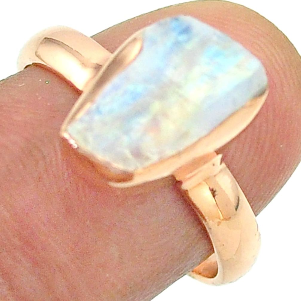 Solitaire rainbow moonstone slice raw 925 silver rose gold ring size 8 t52260