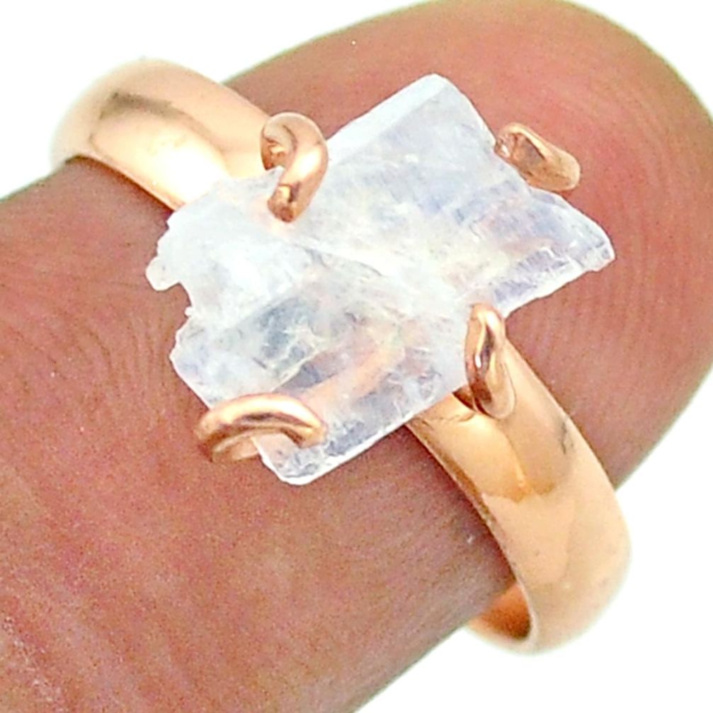 Solitaire rainbow moonstone slice raw 925 silver rose gold ring size 8 t52278