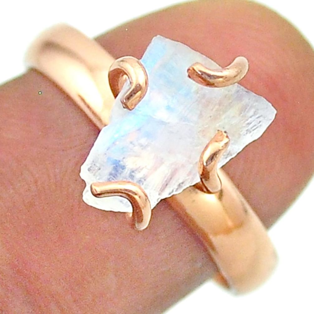 Solitaire rainbow moonstone slice raw 925 silver rose gold ring size 8 t52280