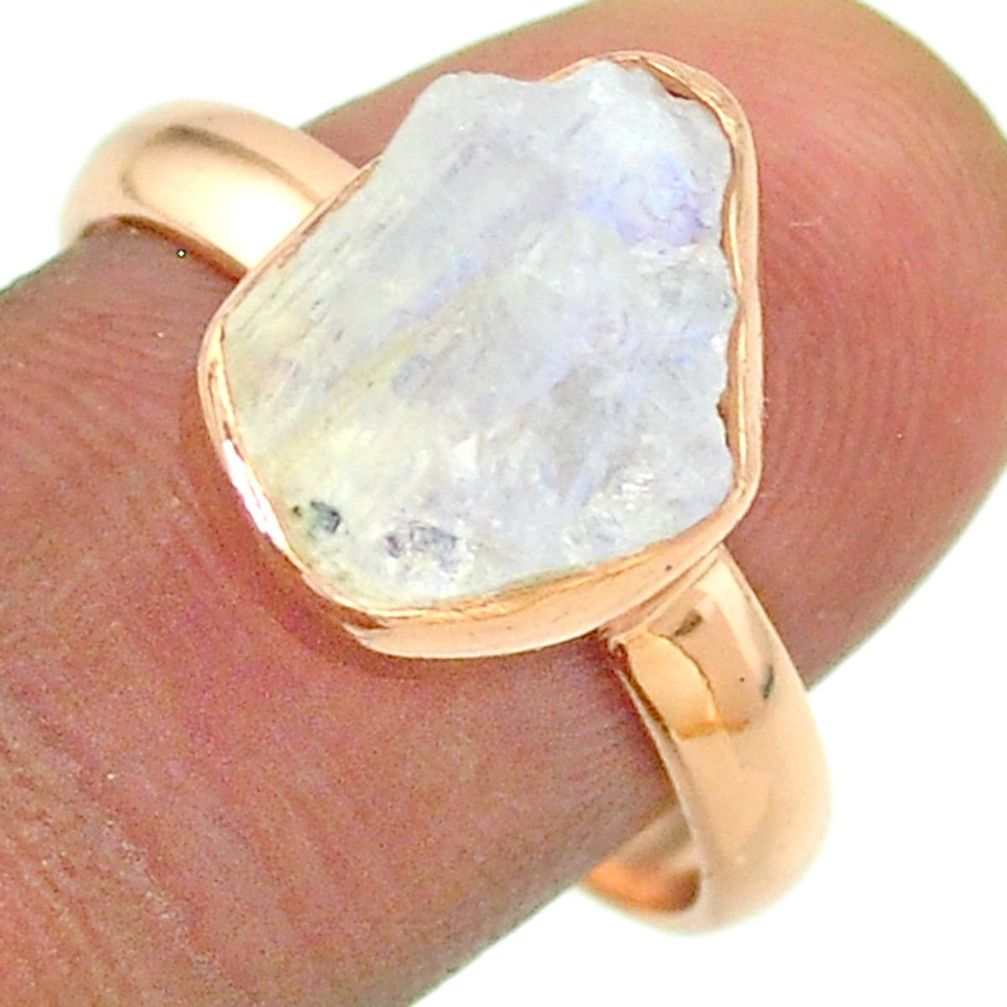Solitaire rainbow moonstone slice raw 925 silver rose gold ring size 9 t52245