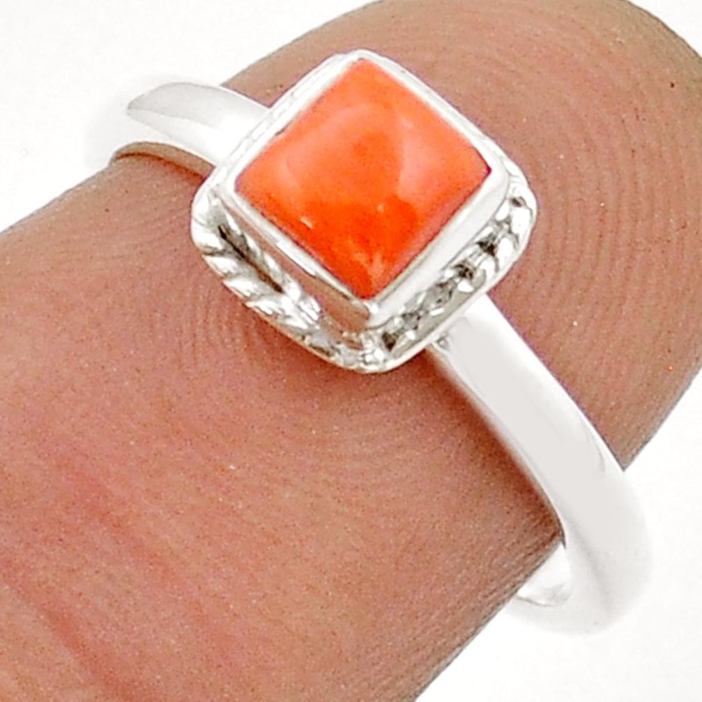 0.86cts solitaire red coral square 925 sterling silver ring size 6.5 u90924