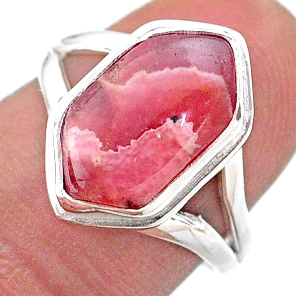 Solitaire rhodochrosite inca rose 925 silver hexagon ring size 7.5 t48511