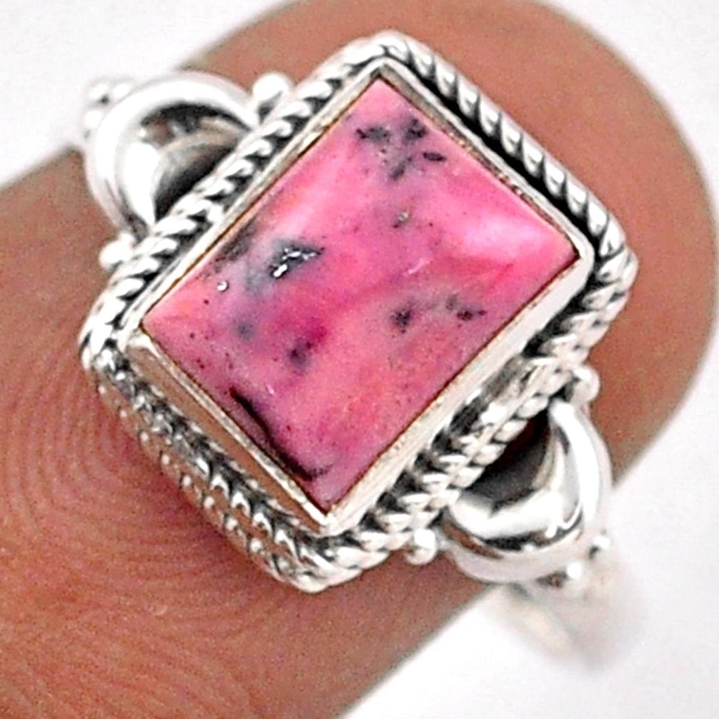 3.91cts solitaire rhodonite in black manganese 925 silver ring size 8 t87702