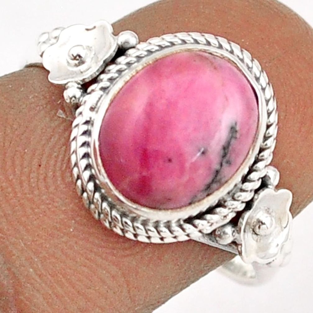3.95cts solitaire rhodonite in black manganese 925 silver ring size 7.5 t87527