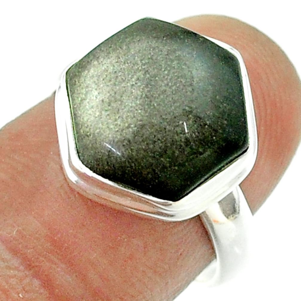 6.98cts solitaire sheen black obsidian 925 silver hexagon ring size 7 t55068