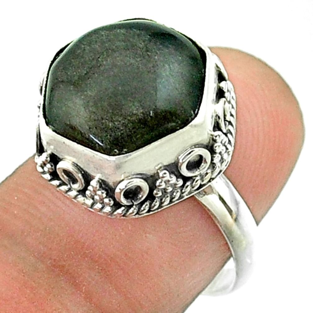 6.02cts solitaire sheen black obsidian 925 silver hexagon ring size 7 t55911