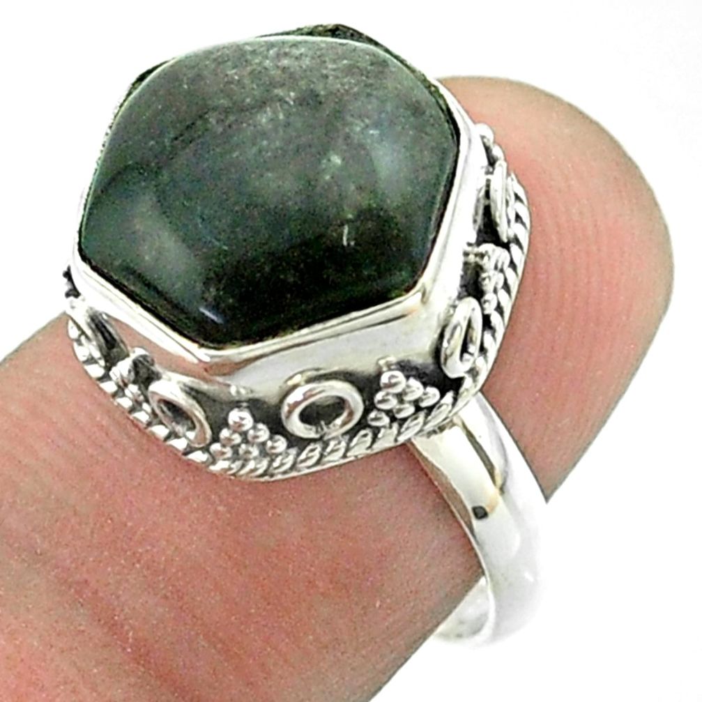 6.34cts solitaire sheen black obsidian 925 silver hexagon ring size 7 t55914