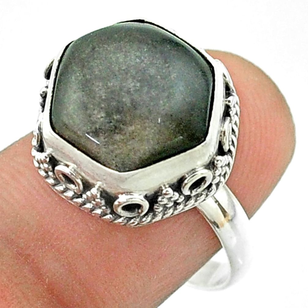 6.04cts solitaire sheen black obsidian 925 silver hexagon ring size 8 t55905