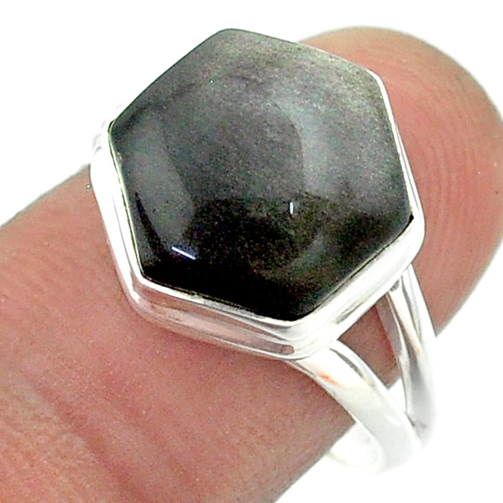 6.53cts solitaire sheen black obsidian 925 silver hexagon ring size 8.5 t55082