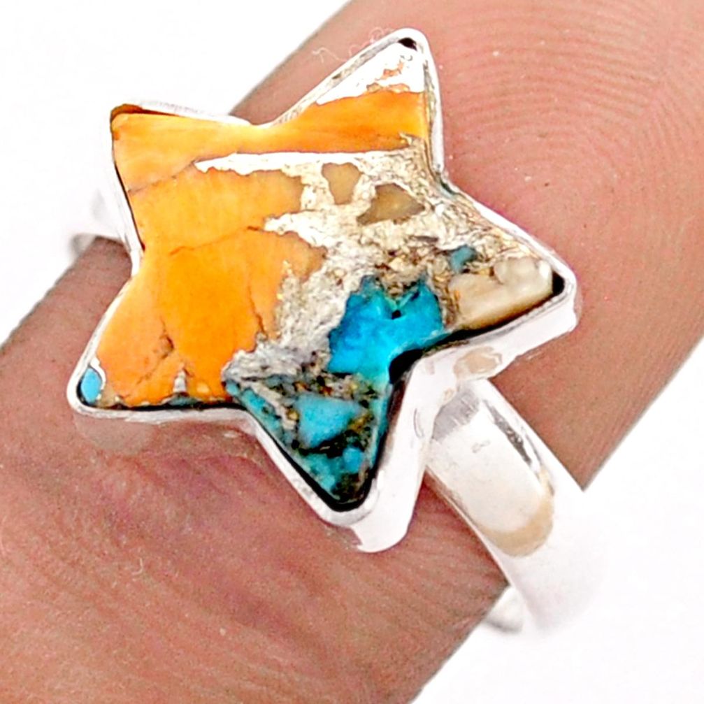 Solitaire spiny oyster arizona turquoise silver star fish ring size 8.5 t76087