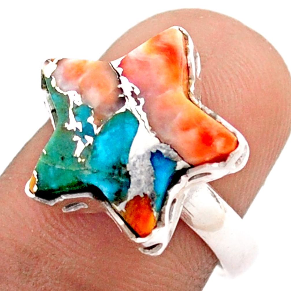 Solitaire spiny oyster arizona turquoise silver star fish ring size 6.5 t76096