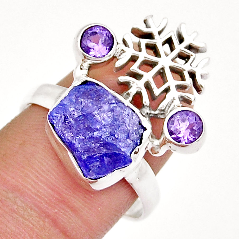 6.84cts solitaire tanzanite rough amethyst silver snowflake ring size 9 y4219