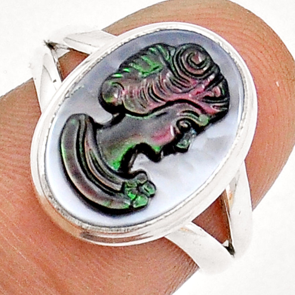 5.11cts solitaire titanium cameo on shell lady face silver ring size 6.5 y1142