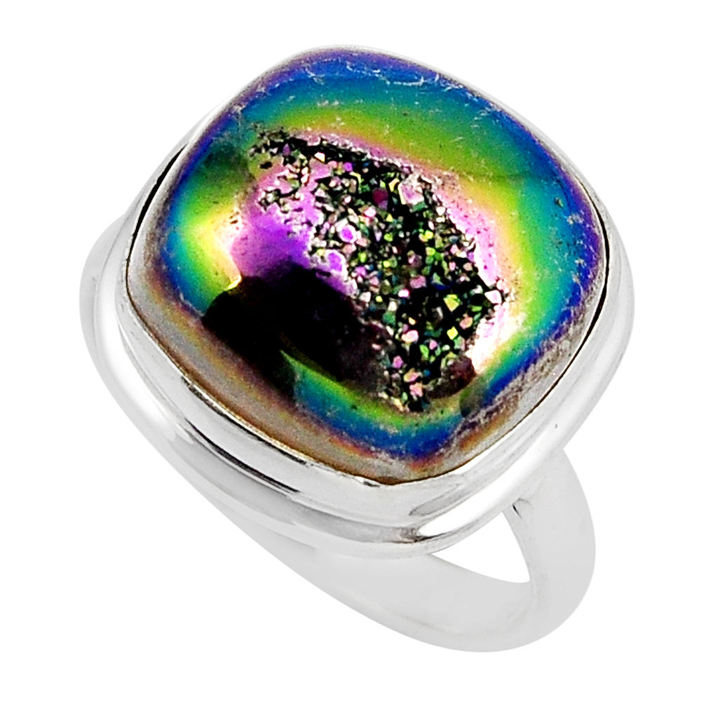 13.36cts solitaire titanium druzy cushion sterling silver ring size 8.5 y48956