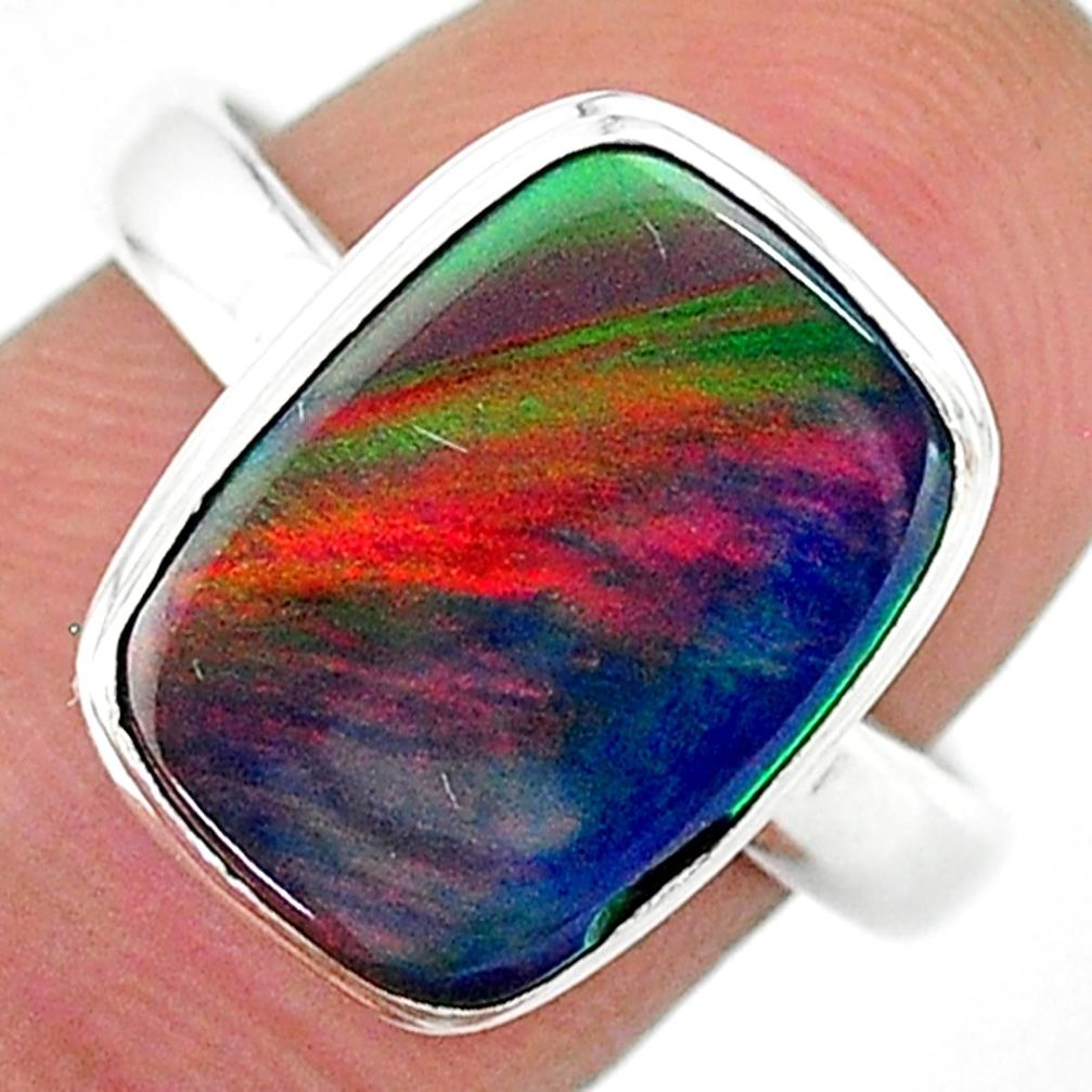 5.64cts solitaire volcano aurora opal (lab) 925 silver ring size 8.5 t16959